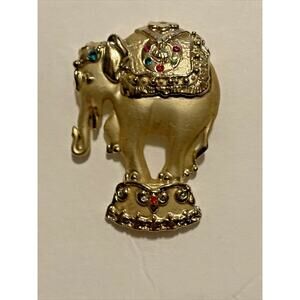 GOLD TONE ELEPHANT BROOCH PIN RHINESTONES RED GREEN
